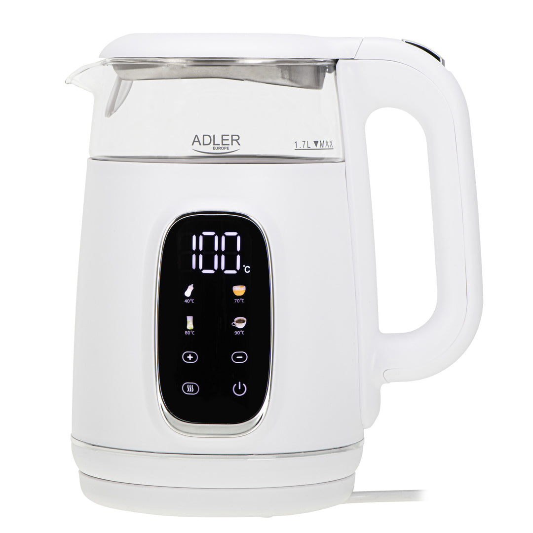 Czajnik elektryczny szklany z regulacją temperatury 1,7L, LED, 40–100°C, Adler AD 1305 WS white