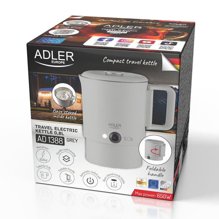 Czajnik elektryczny Adler, turystyczny, podwójne ścianki, pojemność 0,8l, moc maks. 650W, szary, AD 1388