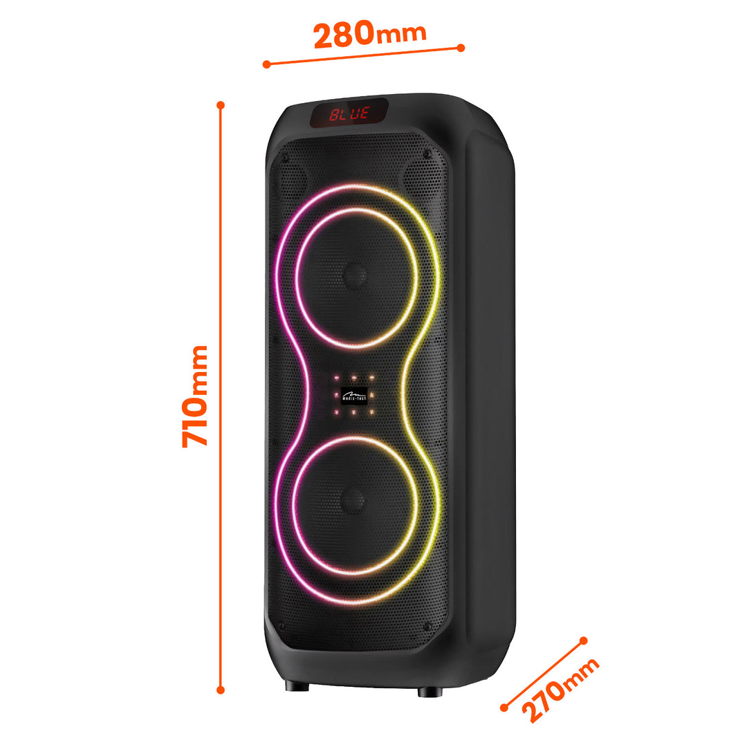 Duży głośnik Bluetooth, 120W RMS/1400W PMPO, dwa głośniki 8", equalizer, funkcja karaoke, MP3/karty microSD, USB, AUX, BT 5.3+EDR, wyświetlacz, LED, wbudowany akumulator, pilot, MT3185