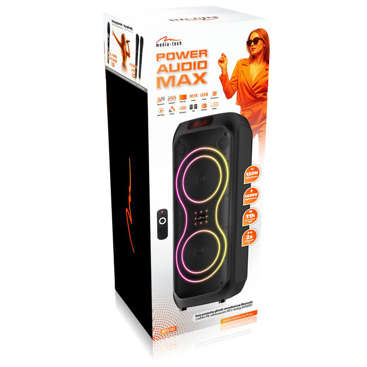Duży głośnik Bluetooth, 120W RMS/1400W PMPO, dwa głośniki 8", equalizer, funkcja karaoke, MP3/karty microSD, USB, AUX, BT 5.3+EDR, wyświetlacz, LED, wbudowany akumulator, pilot, MT3185