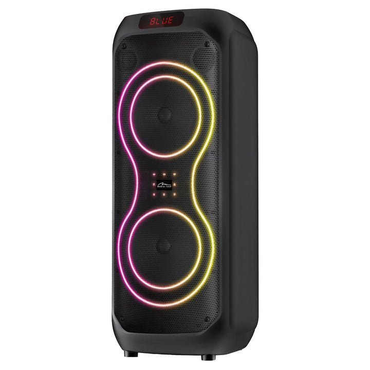 Duży głośnik Bluetooth, 120W RMS/1400W PMPO, dwa głośniki 8", equalizer, funkcja karaoke, MP3/karty microSD, USB, AUX, BT 5.3+EDR, wyświetlacz, LED, wbudowany akumulator, pilot, MT3185