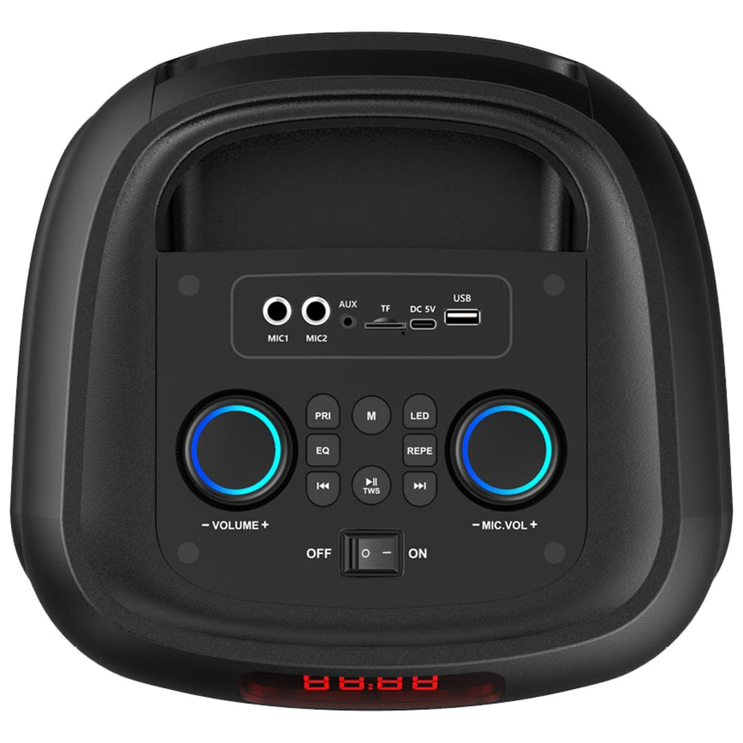 Duży głośnik Bluetooth, 120W RMS/1400W PMPO, dwa głośniki 8", equalizer, funkcja karaoke, MP3/karty microSD, USB, AUX, BT 5.3+EDR, wyświetlacz, LED, wbudowany akumulator, pilot, MT3185
