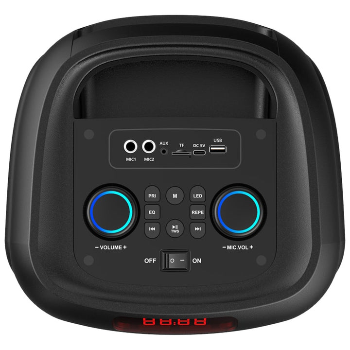Duży głośnik Bluetooth, 120W RMS/1400W PMPO, dwa głośniki 8", equalizer, funkcja karaoke, MP3/karty microSD, USB, AUX, BT 5.3+EDR, wyświetlacz, LED, wbudowany akumulator, pilot, MT3185