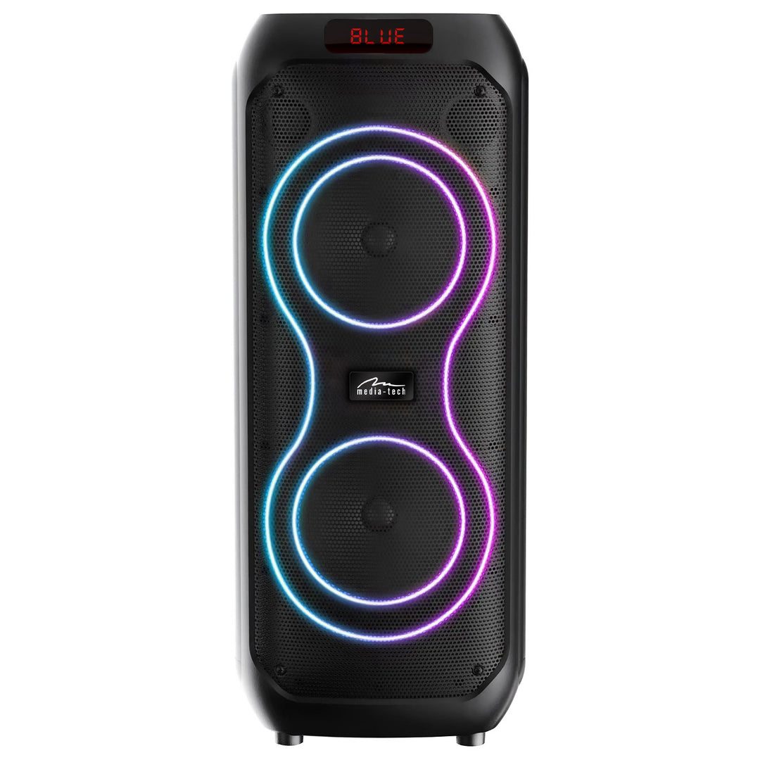 Duży głośnik Bluetooth, 120W RMS/1400W PMPO, dwa głośniki 8", equalizer, funkcja karaoke, MP3/karty microSD, USB, AUX, BT 5.3+EDR, wyświetlacz, LED, wbudowany akumulator, pilot, MT3185