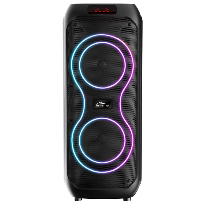 Duży głośnik Bluetooth, 120W RMS/1400W PMPO, dwa głośniki 8", equalizer, funkcja karaoke, MP3/karty microSD, USB, AUX, BT 5.3+EDR, wyświetlacz, LED, wbudowany akumulator, pilot, MT3185