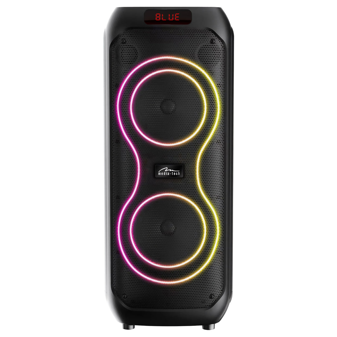 Duży głośnik Bluetooth, 120W RMS/1400W PMPO, dwa głośniki 8", equalizer, funkcja karaoke, MP3/karty microSD, USB, AUX, BT 5.3+EDR, wyświetlacz, LED, wbudowany akumulator, pilot, MT3185