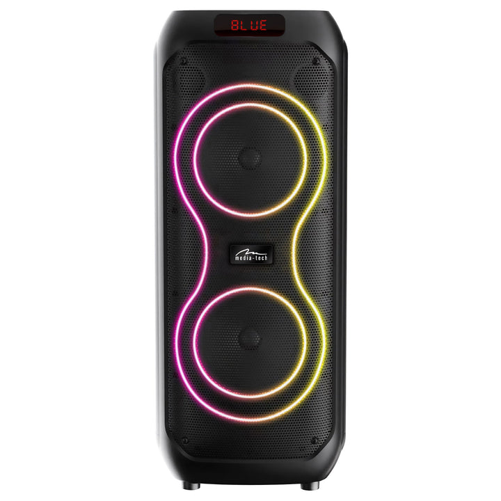 Duży głośnik Bluetooth, 120W RMS/1400W PMPO, dwa głośniki 8", equalizer, funkcja karaoke, MP3/karty microSD, USB, AUX, BT 5.3+EDR, wyświetlacz, LED, wbudowany akumulator, pilot, MT3185