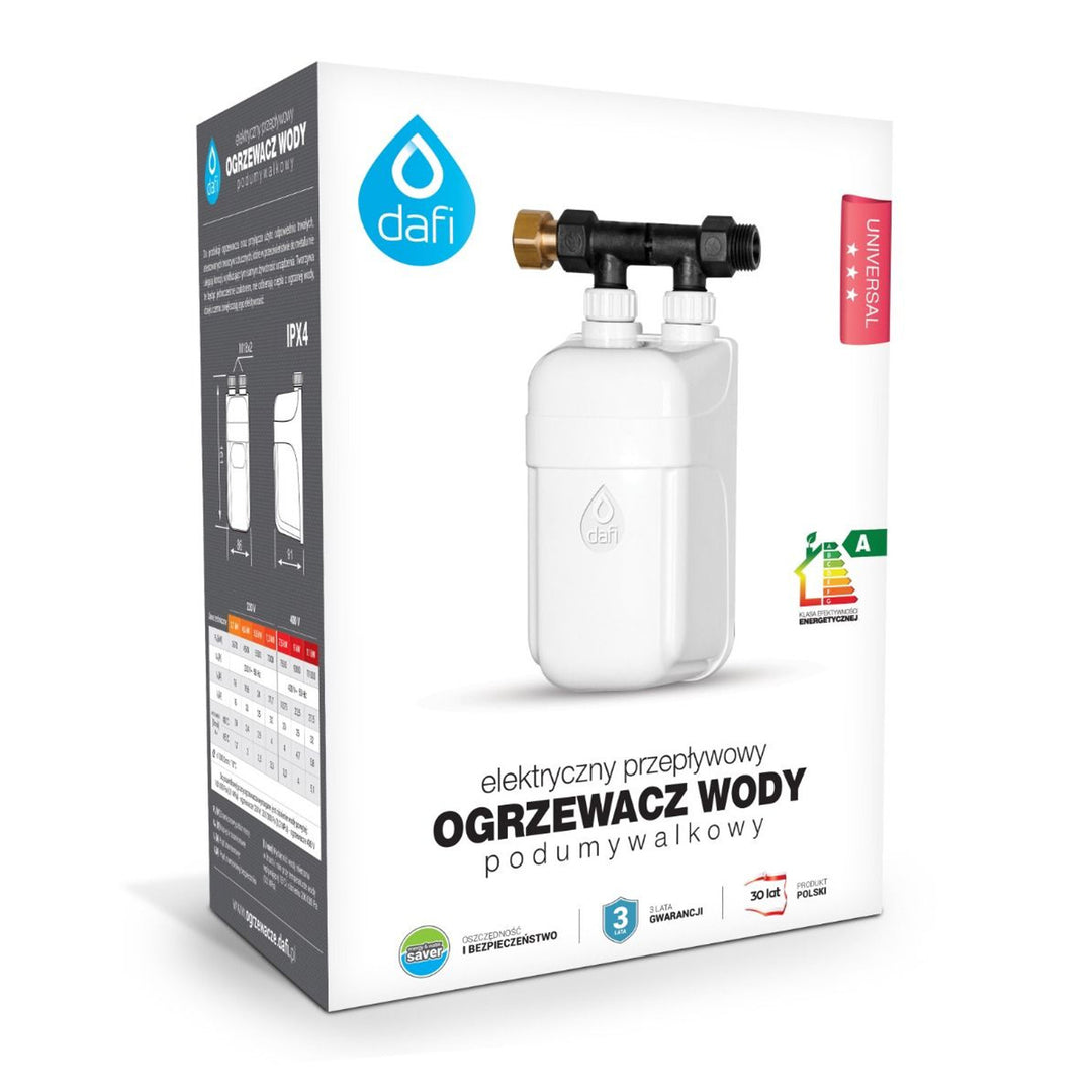 Przepływowy podgrzewacz wody Dafi, podumywalkowy, z przyłączem, 3,7KW 230V