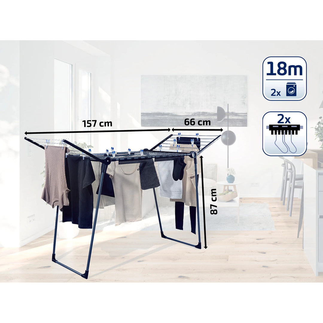 Suszarka Pegasus 180 Solid Black Leifheit, długość linek 18m, stabilne równoległe nóżki, odporna na warunki atmosferyczne, 2 uchwyty na bieliznę, 81589