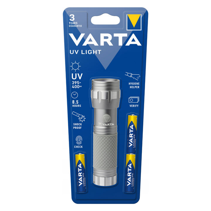 Latarka ręczna UV LED 15638 aluminiowa, długość fali UV 395-400 nm, technologia Multi LED + baterie w zestawie Varta