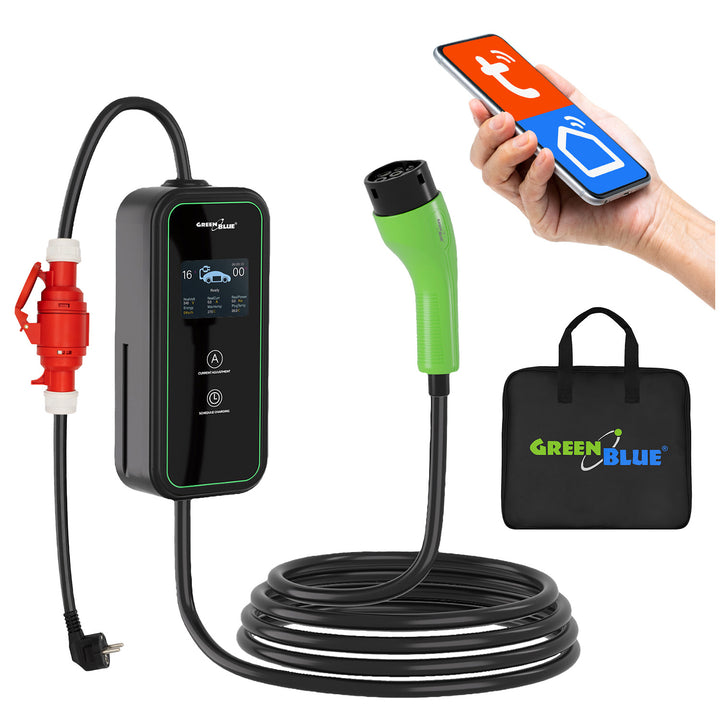 Ładowarka do EV / PHEV GreenBlue, przenośna, typ 2, dł. przew. 6,8m, IP65, 11kW, 220-380V AC 50/60Hz, 16A, 3 fazy, GB1100