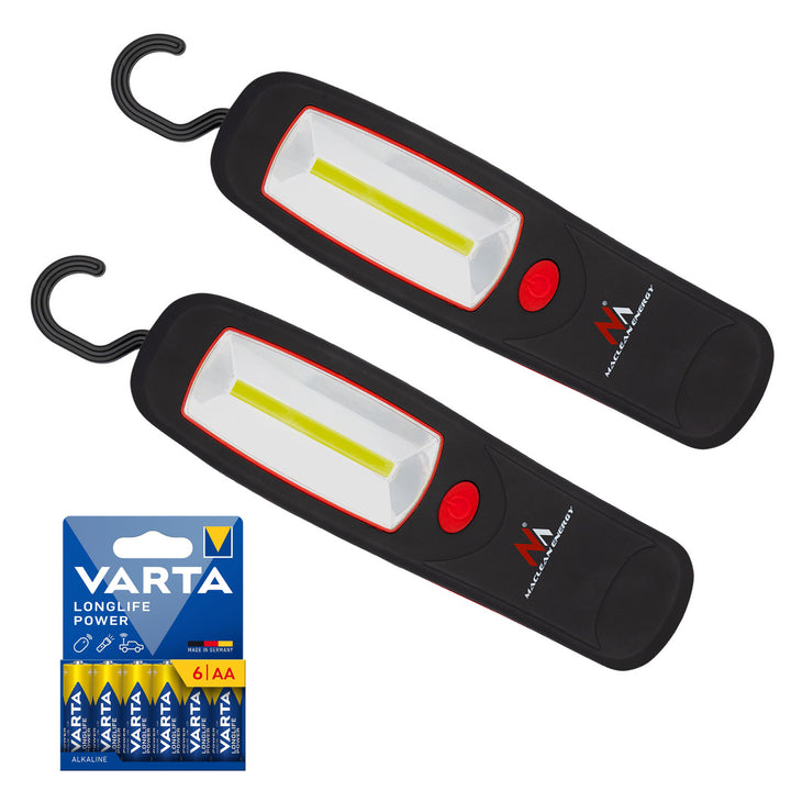 2x lampa warsztatowa COB LED Maclean, magnes, hak, MCE03 + 6x bateria R-06 R06 AA LR06 1,5V VARTA Longlife Power