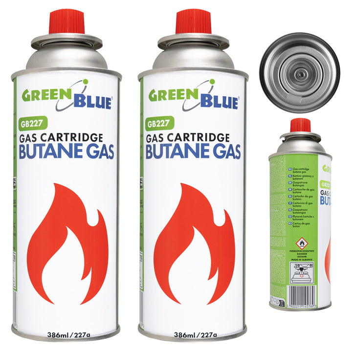 2x kartusz gazowy 227g GreenBlue. certyfikat: Pi 0875, zgodny z normą EN417, butan, zakres działania -10°C do+ 40°C, GB227