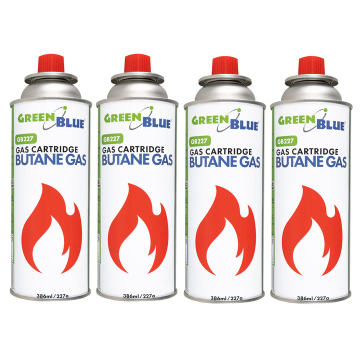 4x kartusz gazowy 227g GreenBlue. certyfikat: Pi 0875, zgodny z normą EN417, butan, zakres działania -10°C do+ 40°C, GB227