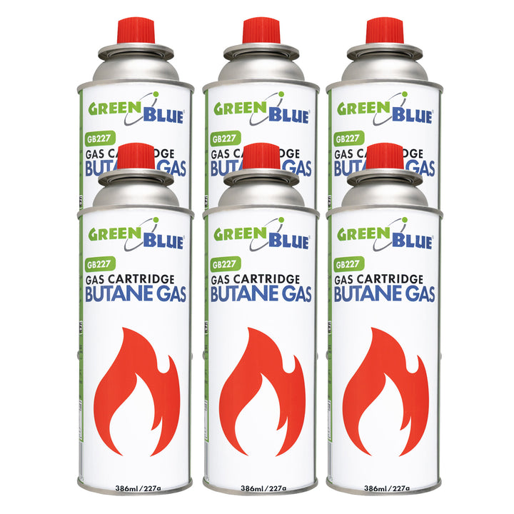 6x kartusz gazowy 227g GreenBlue. certyfikat: Pi 0875, zgodny z normą EN417, butan, zakres działania -10°C do+ 40°C, GB227