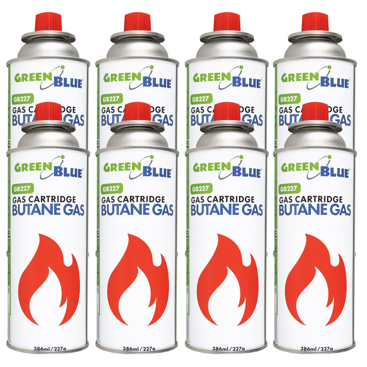 8x kartusz gazowy 227g GreenBlue. certyfikat: Pi 0875, zgodny z normą EN417, butan, zakres działania -10°C do+ 40°C, GB227