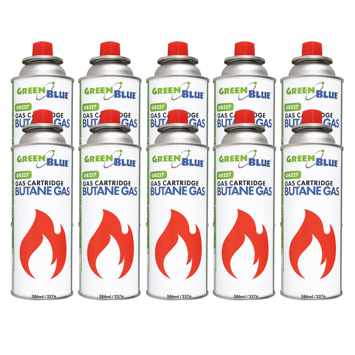 10x kartusz gazowy 227g GreenBlue. certyfikat: Pi 0875, zgodny z normą EN417, butan, zakres działania -10°C do+ 40°C, GB227