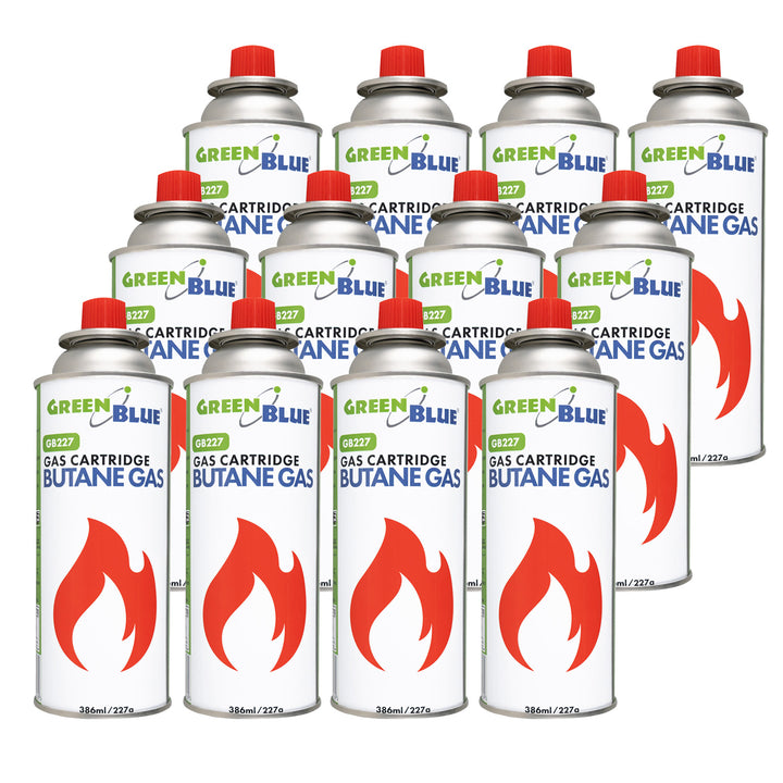 12x kartusz gazowy 227g GreenBlue. certyfikat: Pi 0875, zgodny z normą EN417, butan, zakres działania -10°C do+ 40°C, GB227