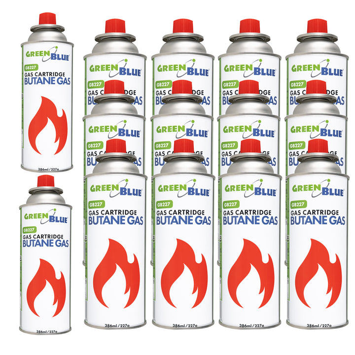 14x kartusz gazowy 227g GreenBlue. certyfikat: Pi 0875, zgodny z normą EN417, butan, zakres działania -10°C do+ 40°C, GB227