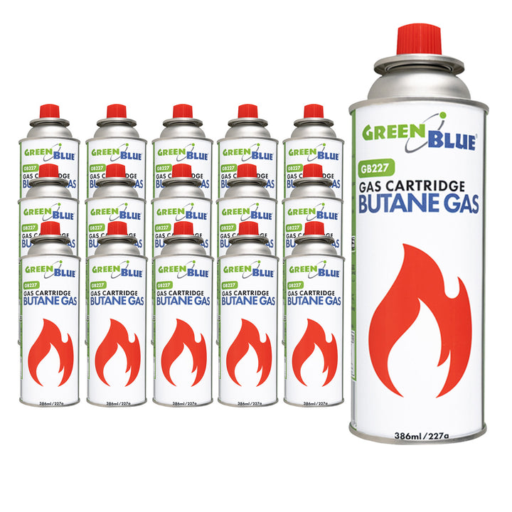 16x kartusz gazowy 227g GreenBlue. certyfikat: Pi 0875, zgodny z normą EN417, butan, zakres działania -10°C do+ 40°C, GB227