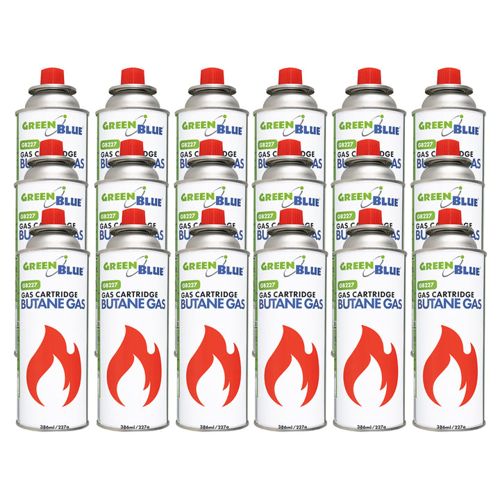 18x kartusz gazowy 227g GreenBlue. certyfikat: Pi 0875, zgodny z normą EN417, butan, zakres działania -10°C do+ 40°C, GB227