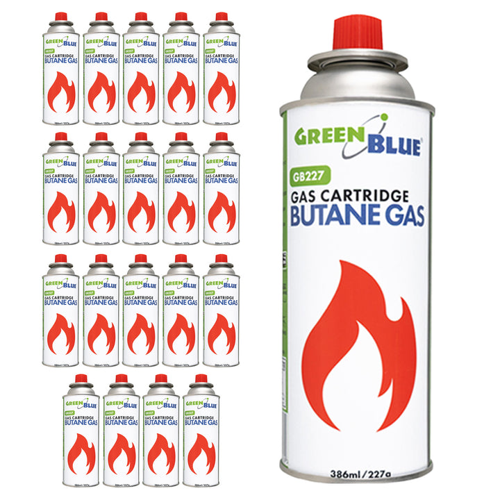20x kartusz gazowy 227g GreenBlue. certyfikat: Pi 0875, zgodny z normą EN417, butan, zakres działania -10°C do+ 40°C, GB227