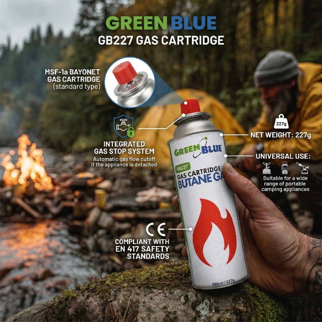 28x kartusz gazowy 227g GreenBlue. certyfikat: Pi 0875, zgodny z normą EN417, butan, zakres działania -10°C do+ 40°C, GB227