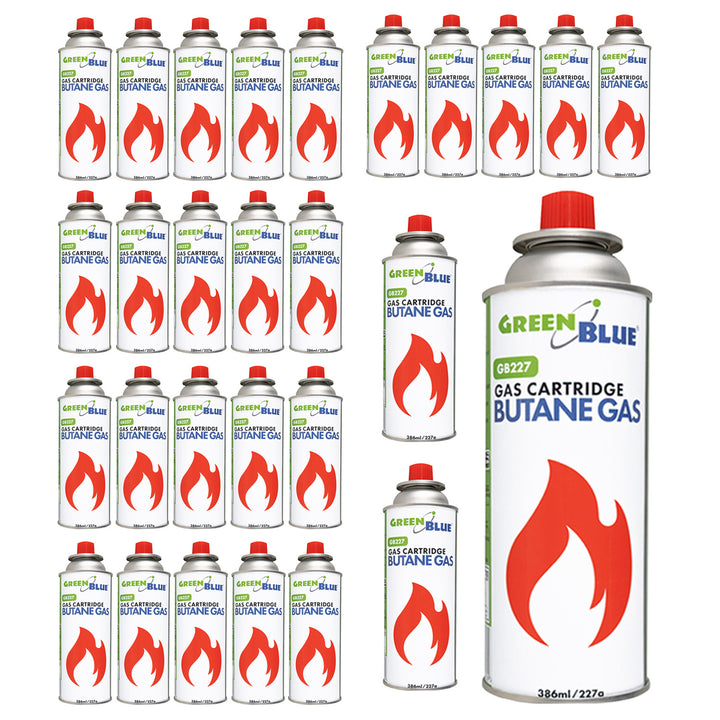 28x kartusz gazowy 227g GreenBlue. certyfikat: Pi 0875, zgodny z normą EN417, butan, zakres działania -10°C do+ 40°C, GB227