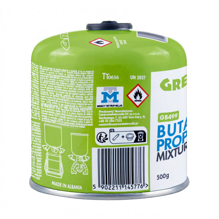 2x kartusz gazowy 500g GreenBlue. certyfikat: Pi 0437, zgodny z EN417, butan-propan, zakres -10°C do+ 40°C, zawór gwintowany 7/16'' GB499
