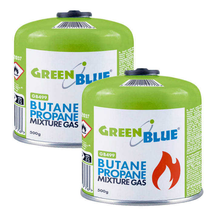 2x kartusz gazowy 500g GreenBlue. certyfikat: Pi 0437, zgodny z EN417, butan-propan, zakres -10°C do+ 40°C, zawór gwintowany 7/16'' GB499