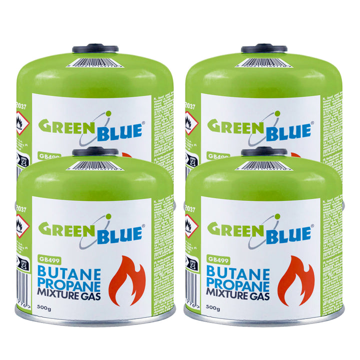4x kartusz gazowy 500g GreenBlue. certyfikat: Pi 0437, zgodny z EN417, butan-propan, zakres -10°C do+ 40°C, zawór gwintowany 7/16'' GB499