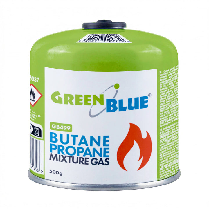 6x kartusz gazowy 500g GreenBlue. certyfikat: Pi 0437, zgodny z EN417, butan-propan, zakres -10°C do+ 40°C, zawór gwintowany 7/16'' GB499