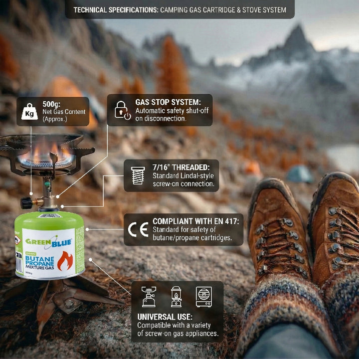 6x kartusz gazowy 500g GreenBlue. certyfikat: Pi 0437, zgodny z EN417, butan-propan, zakres -10°C do+ 40°C, zawór gwintowany 7/16'' GB499