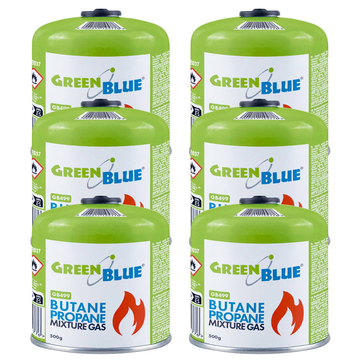 6x kartusz gazowy 500g GreenBlue. certyfikat: Pi 0437, zgodny z EN417, butan-propan, zakres -10°C do+ 40°C, zawór gwintowany 7/16'' GB499