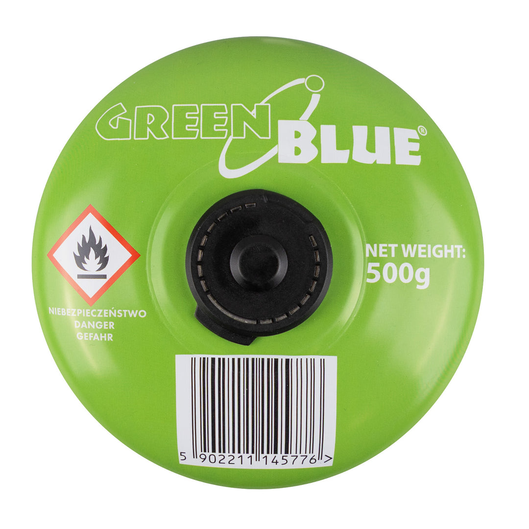 8x kartusz gazowy 500g GreenBlue. certyfikat: Pi 0437, zgodny z EN417, butan-propan, zakres -10°C do+ 40°C, zawór gwintowany 7/16'' GB499