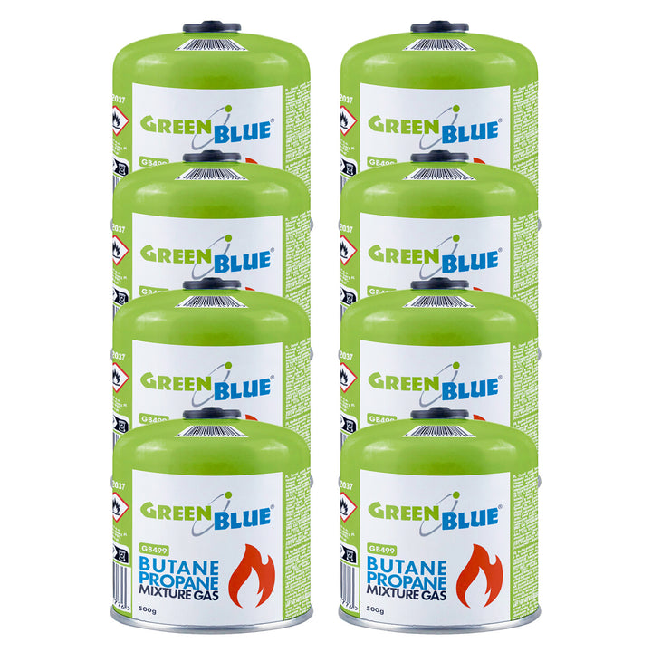 8x kartusz gazowy 500g GreenBlue. certyfikat: Pi 0437, zgodny z EN417, butan-propan, zakres -10°C do+ 40°C, zawór gwintowany 7/16'' GB499