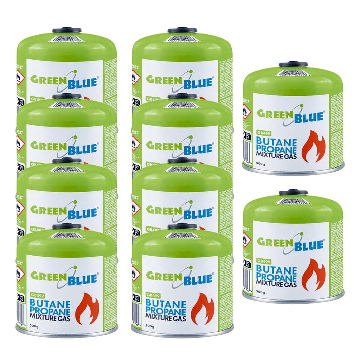 10x kartusz gazowy 500g GreenBlue. certyfikat: Pi 0437, zgodny z EN417, butan-propan, zakres -10°C do+ 40°C, zawór gwintowany 7/16'' GB499