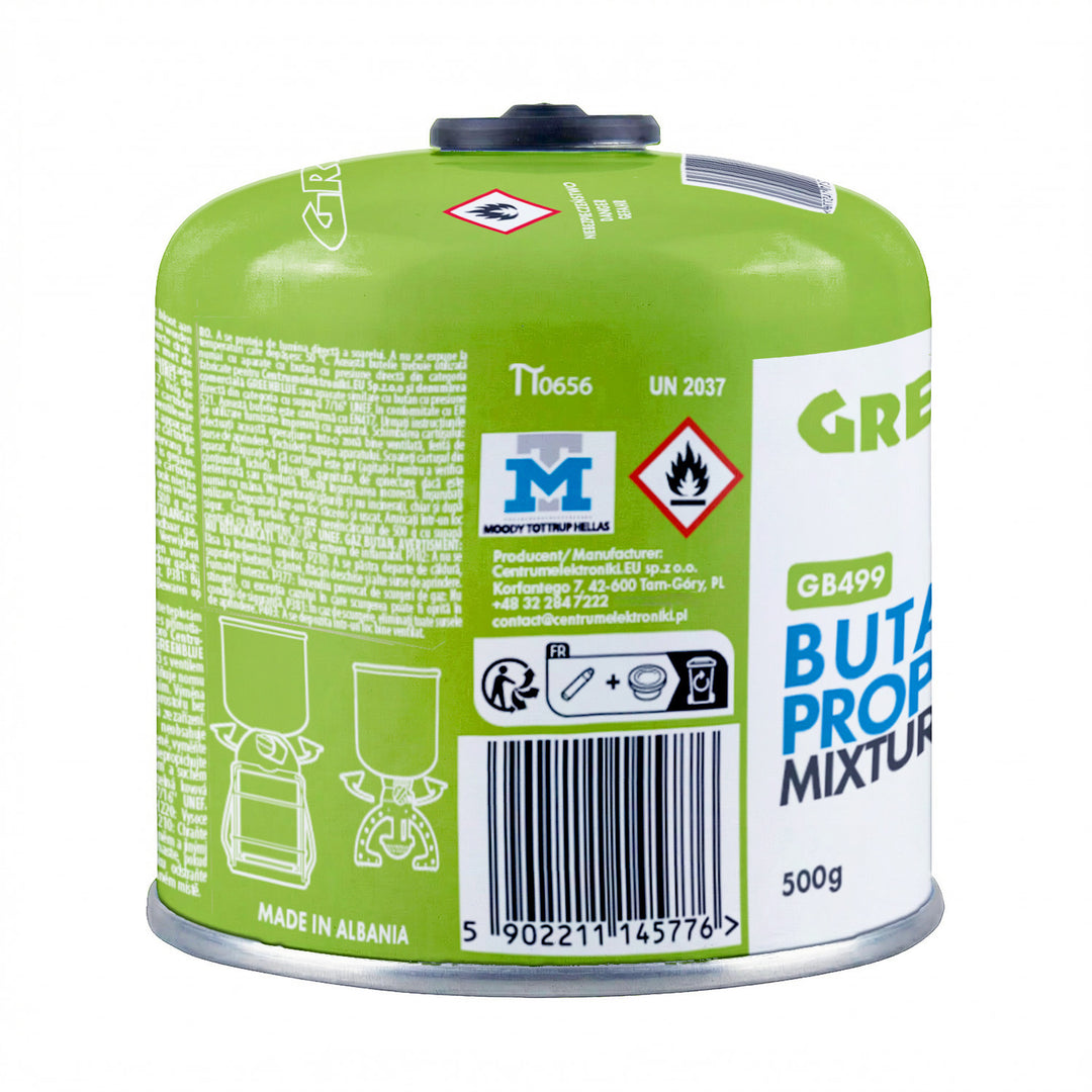 12x kartusz gazowy 500g GreenBlue. certyfikat: Pi 0437, zgodny z EN417, butan-propan, zakres -10°C do+ 40°C, zawór gwintowany 7/16'' GB499
