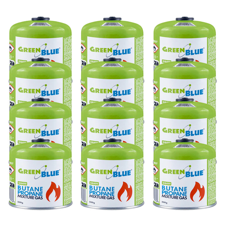 12x kartusz gazowy 500g GreenBlue. certyfikat: Pi 0437, zgodny z EN417, butan-propan, zakres -10°C do+ 40°C, zawór gwintowany 7/16'' GB499