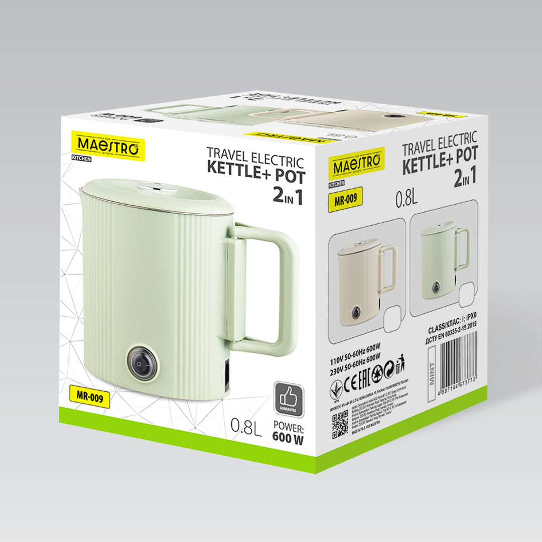Czajnik elektryczny / garnek podróżny Maestro, 2w1, pojemność 0,8L, moc 600W, składana rączka, przełącznik zmiany napięcia 110V/230V, kolor beżowy, MR-009-BEIGE