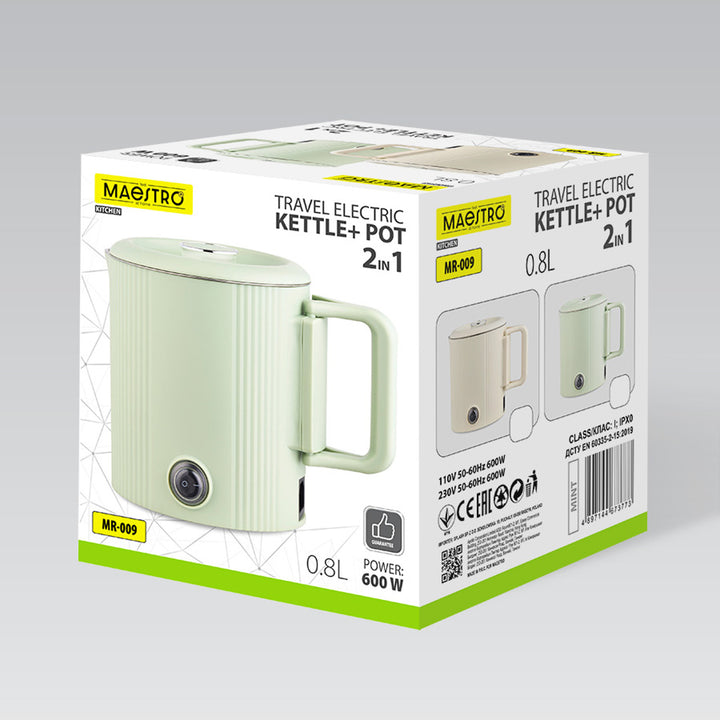 Czajnik elektryczny / garnek podróżny Maestro, 2w1, pojemność 0,8L, moc 600W, składana rączka, przełącznik zmiany napięcia 110V/230V, kolor beżowy, MR-009-BEIGE