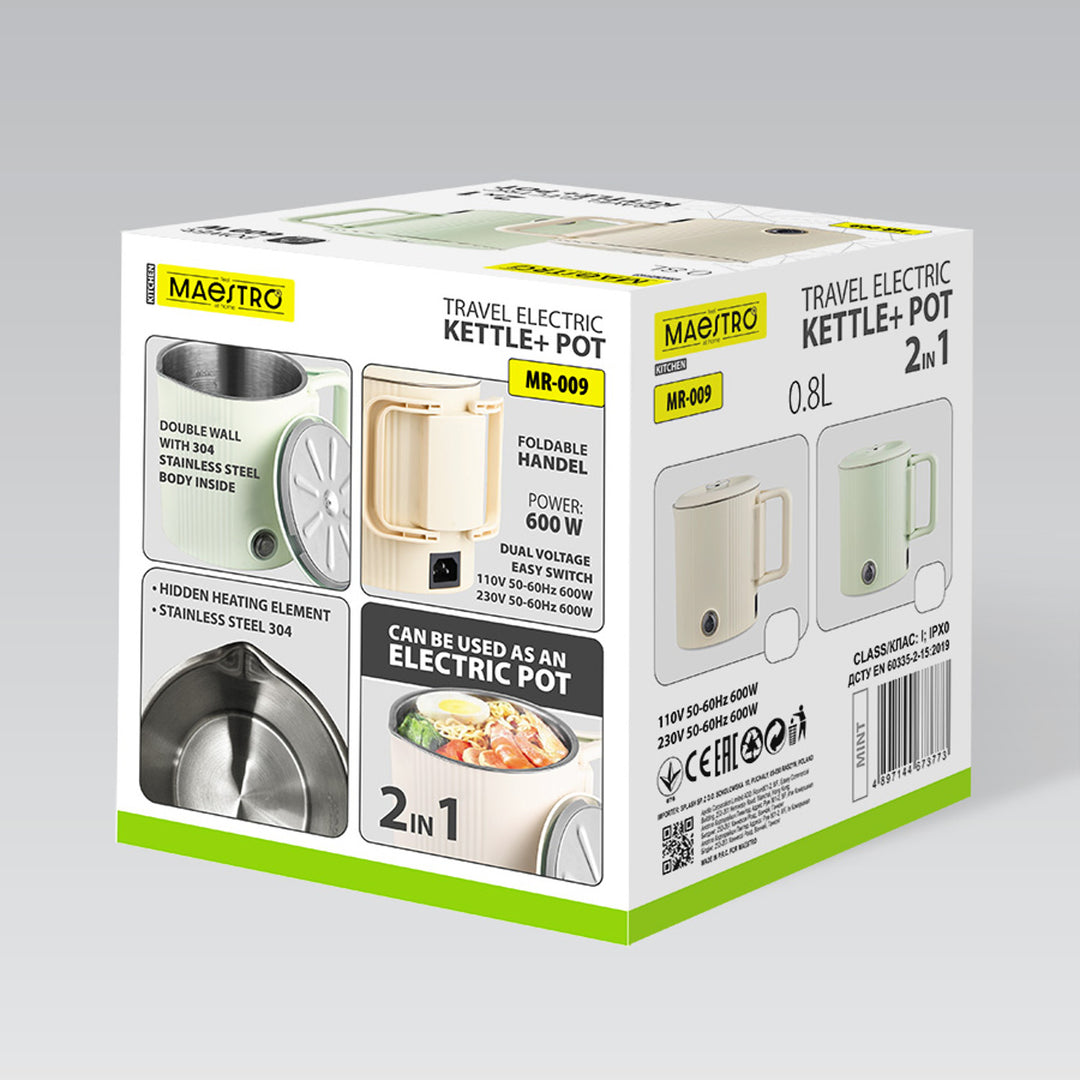 Czajnik elektryczny / garnek podróżny Maestro, 2w1, pojemność 0,8L, moc 600W, składana rączka, przełącznik zmiany napięcia 110V/230V, kolor beżowy, MR-009-BEIGE