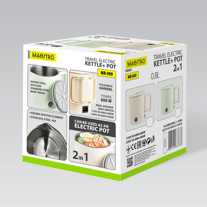 Czajnik elektryczny / garnek podróżny Maestro, 2w1, pojemność 0,8L, moc 600W, składana rączka, przełącznik zmiany napięcia 110V/230V, kolor beżowy, MR-009-BEIGE