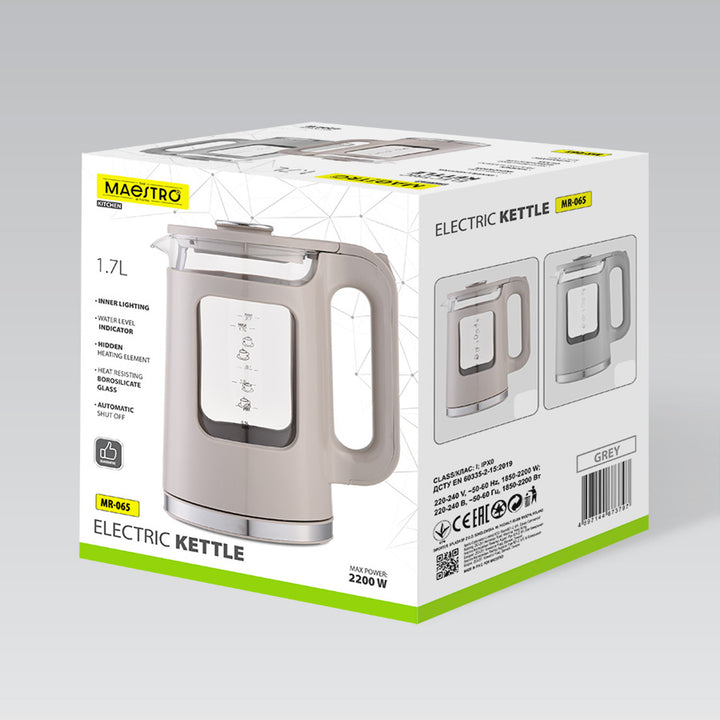 Czajnik elektryczny szklany Maestro, pojemność 1,7L, moc 2200W, wskaźnik poziomu wody, podświetlenie LED, obrotowa podstawa, kolor szary, MR-065-GREY