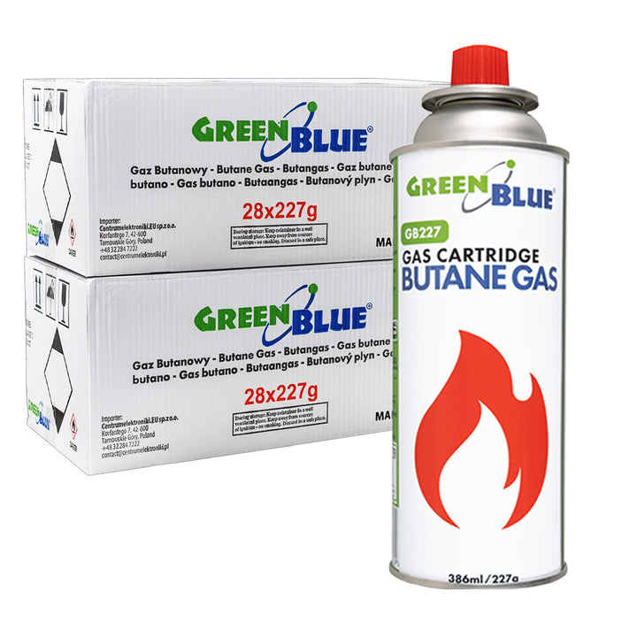 56x kartusz gazowy 227g GreenBlue. certyfikat: Pi 0875, zgodny z normą EN417, butan, zakres działania -10°C do+ 40°C, GB227