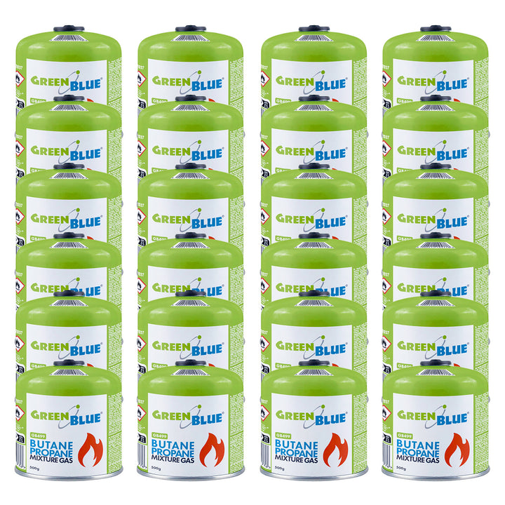 24x kartusz gazowy 500g GreenBlue. certyfikat: Pi 0437, zgodny z EN417, butan-propan, zakres -10°C do+ 40°C, zawór gwintowany 7/16'' GB499