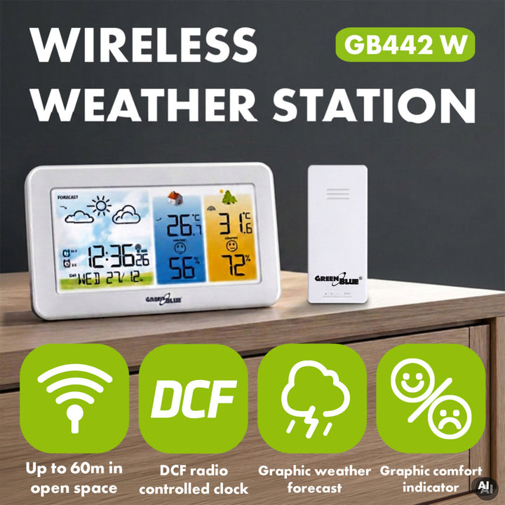 Bezprzewodowa stacja pogody GreenBlue, temperatura + wilgotność IN/OUT, zegar/alarm/data, °C / °F, zasięg do 60m, GB442 W