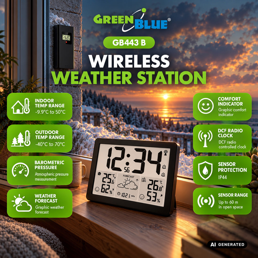 Bezprzewodowa stacja pogody GreenBlue, temperatura + wilgotność IN/OUT, zegar/alarm/data, °C / °F, zasięg do 60m, GB443 B
