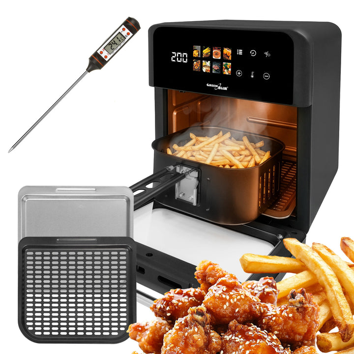 Frytkownica beztłuszczowa AIR FRYER GreenBlue, mocna 1800W, pojemność 10l, 8 programów, akcesoria, timer, GB950 + termometr/sonda do żywności, GreenBlue GB178
