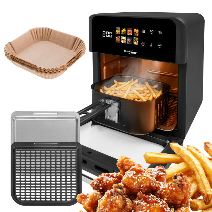 Frytkownica beztłuszczowa AIR FRYER GreenBlue, mocna 1800W, pojemność 10l, 8 programów, akcesoria, timer, GB950 + papierowe wkłady 16cm 100 sztuk